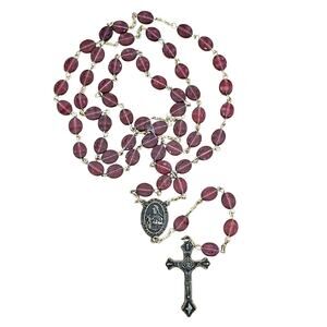 Antique Gold-Tone Rosary Necklace St. Therese and Crucifix Deep Wine Red Beads